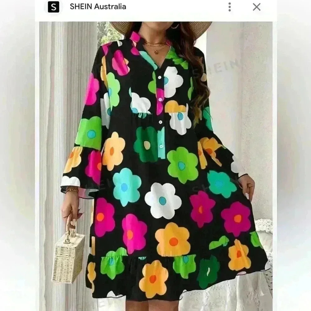 3X black long sleeve bold retro floral babydoll tiered dress. NWOT. Button down